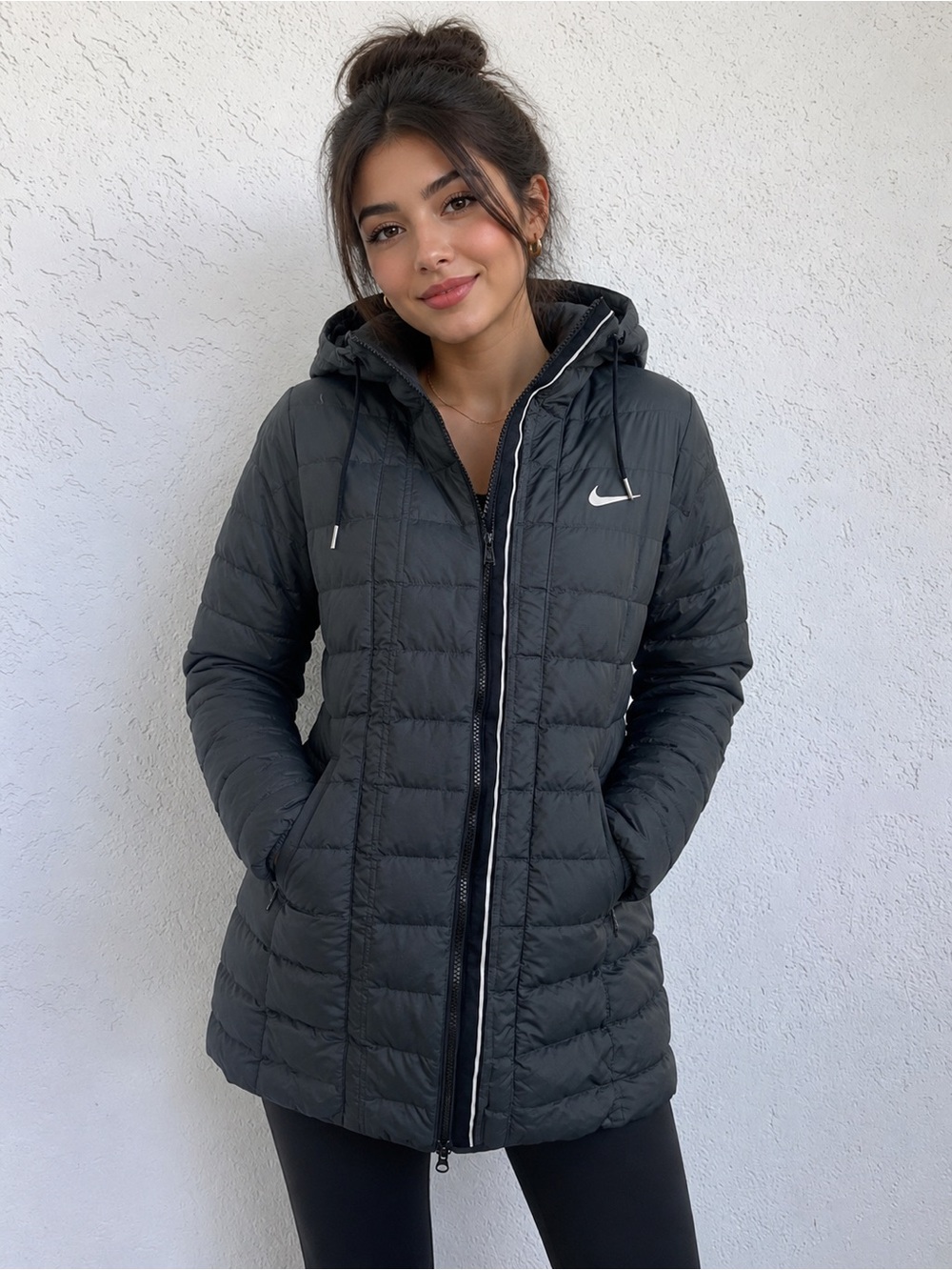 Nike Women’s Long Puffer Jacket Coat – Black Hooded Duck Down Blend
